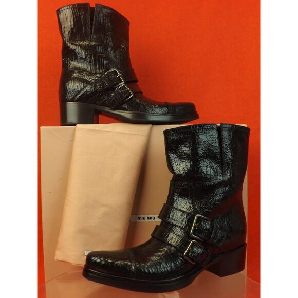 NEW MIU MIU PRADA BLACK CRACKED LEATHER MOTO BIKER 2X BELTED SHORT BOOTS 37 $895 - Picture 1 of 12